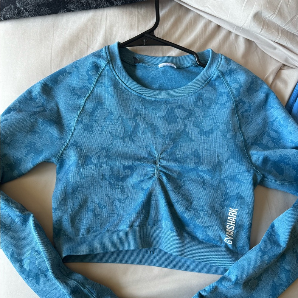 Gymshark Teal Blue Camo Ruched Crop Sweatshirt